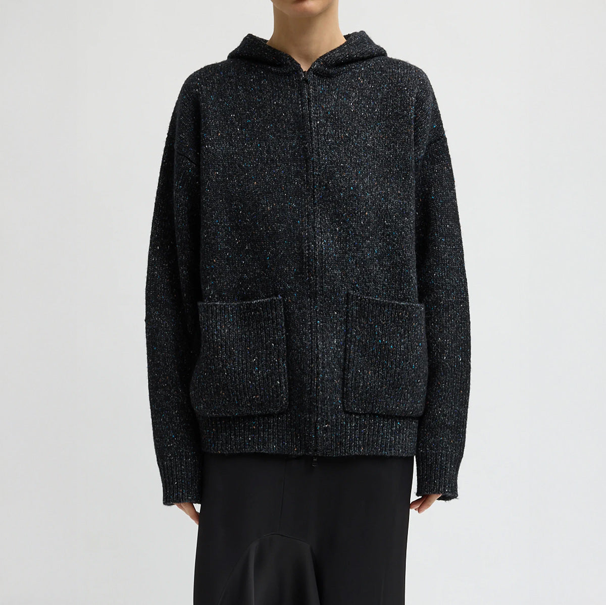 Speckled Tweed Zip Up Hoodie Sweater in Black Multi