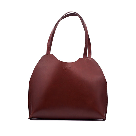 Freja Tote in Oxblood - handmade leather bag from NYC, single compartment, sleek design, dimensions 14.5" x 23" x 11.75".