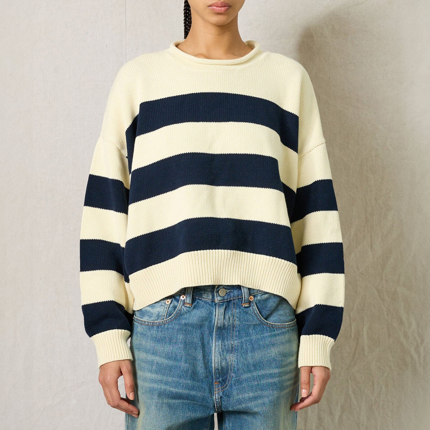 Wide Striped Sweater in Navy & Cream