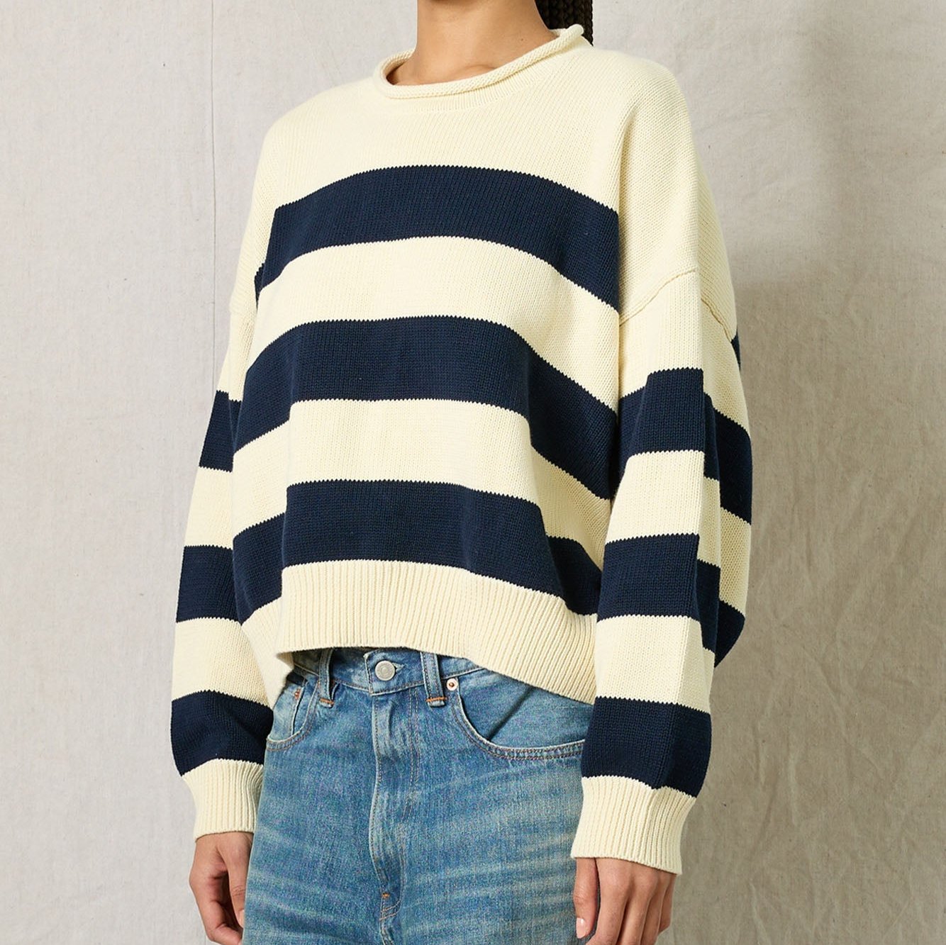 Wide Striped Sweater in Navy & Cream