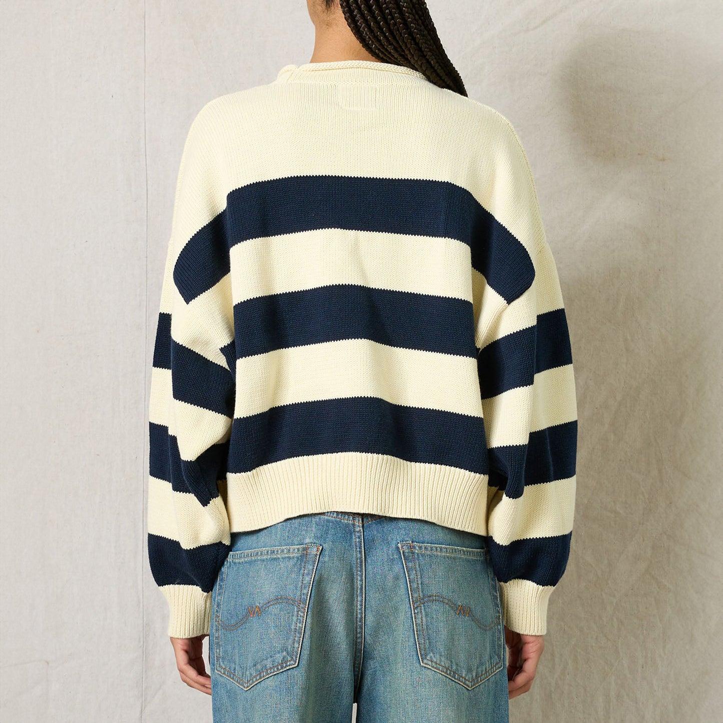 Wide Striped Sweater in Navy & Cream