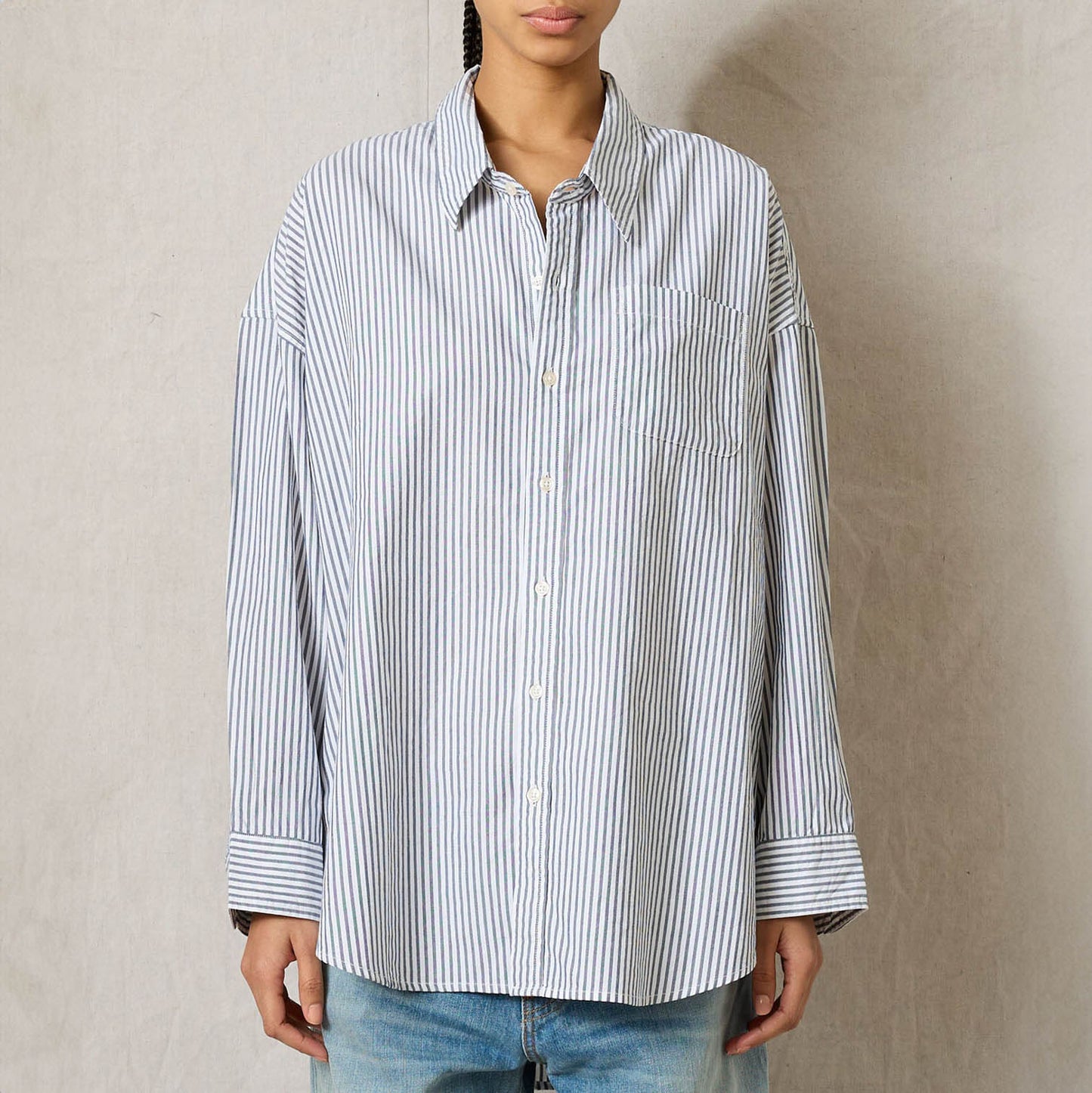 Button Front Shirt in Navy Stripe