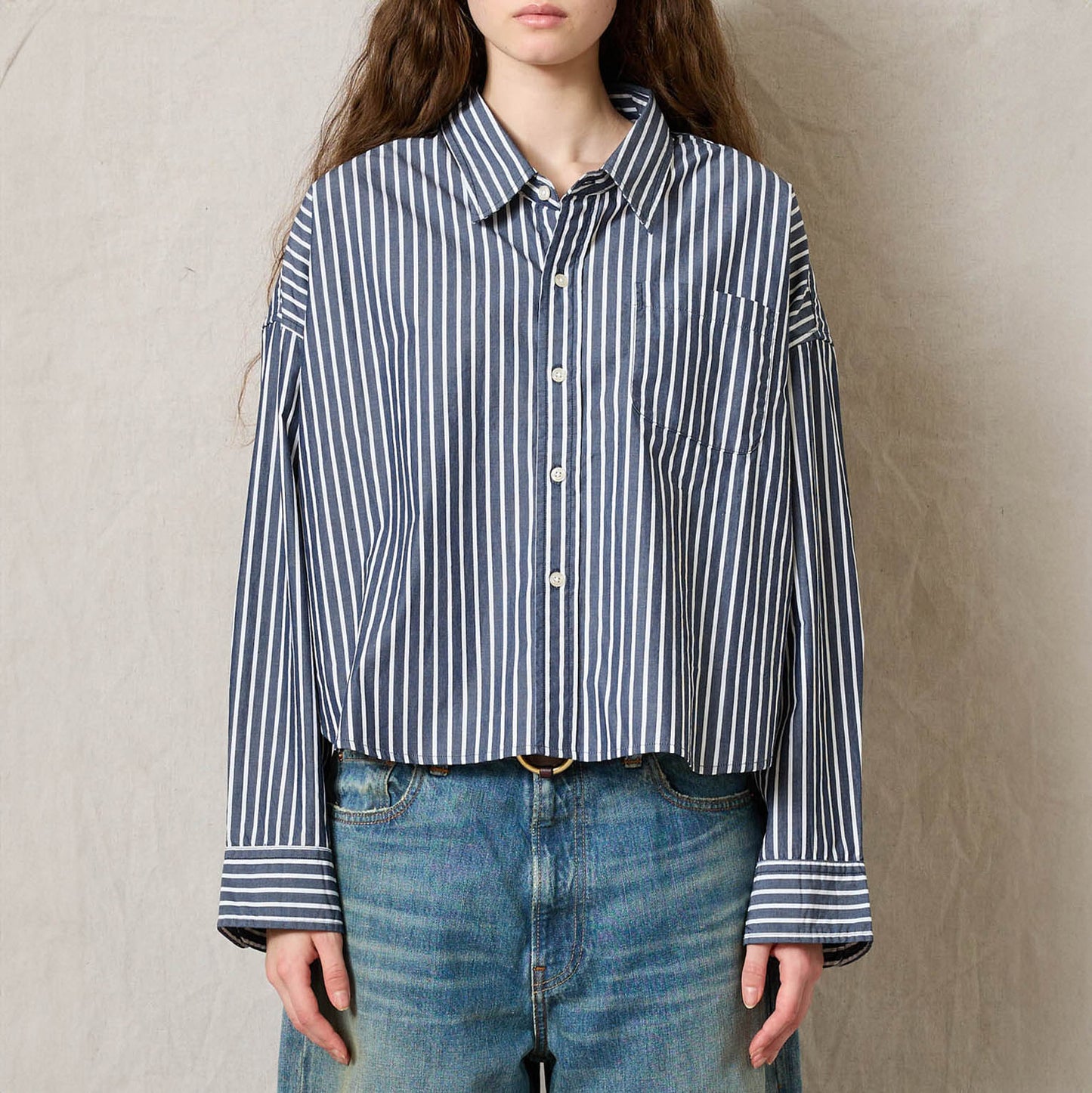 Cropped Button Front Shirt in Navy & White