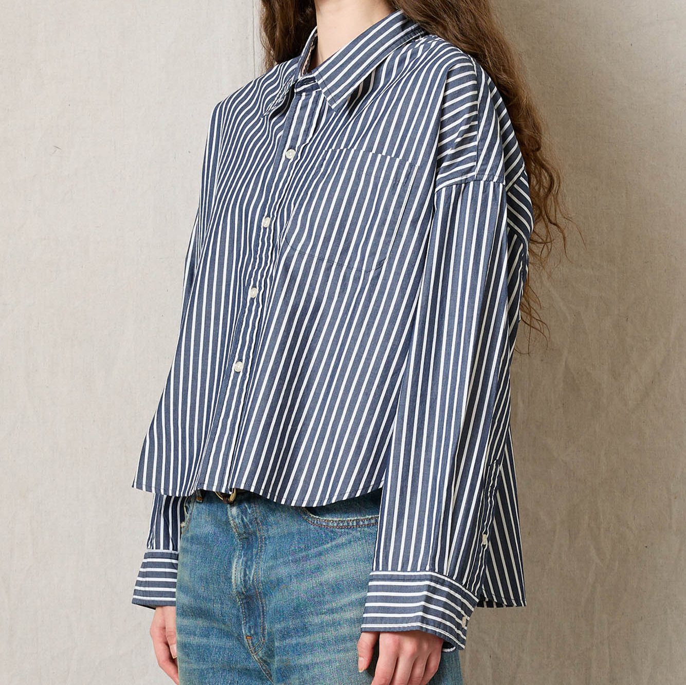 Cropped Button Front Shirt in Navy & White