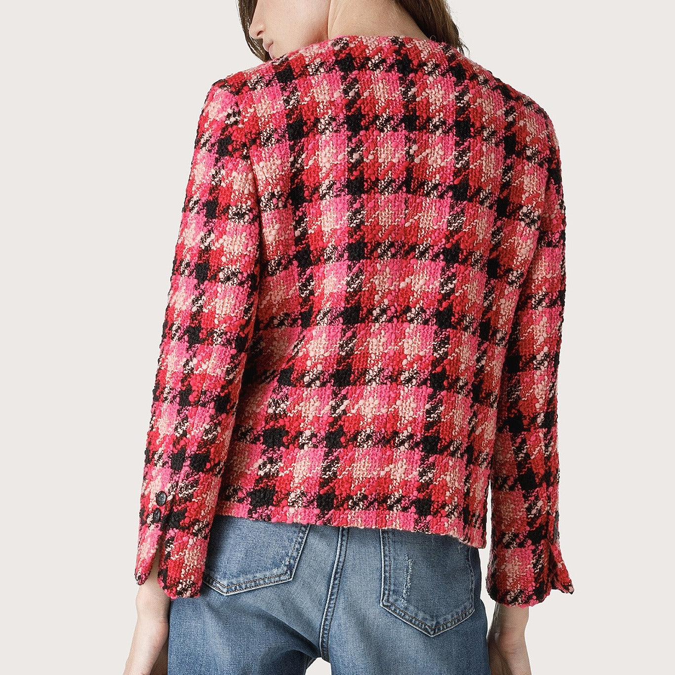 Collarless Knit Jacket in Fuchsia Plaid