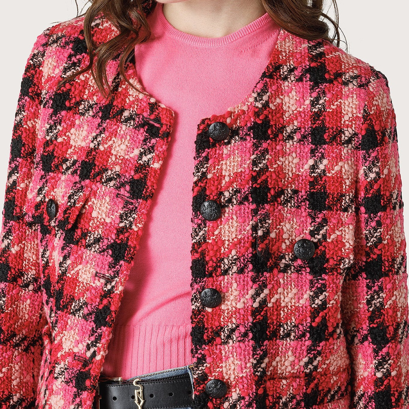 Collarless Knit Jacket in Fuchsia Plaid