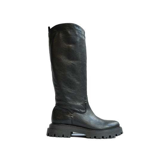 Emily Boot in Black tall leather boot with lug sole designed for below the knee wear.