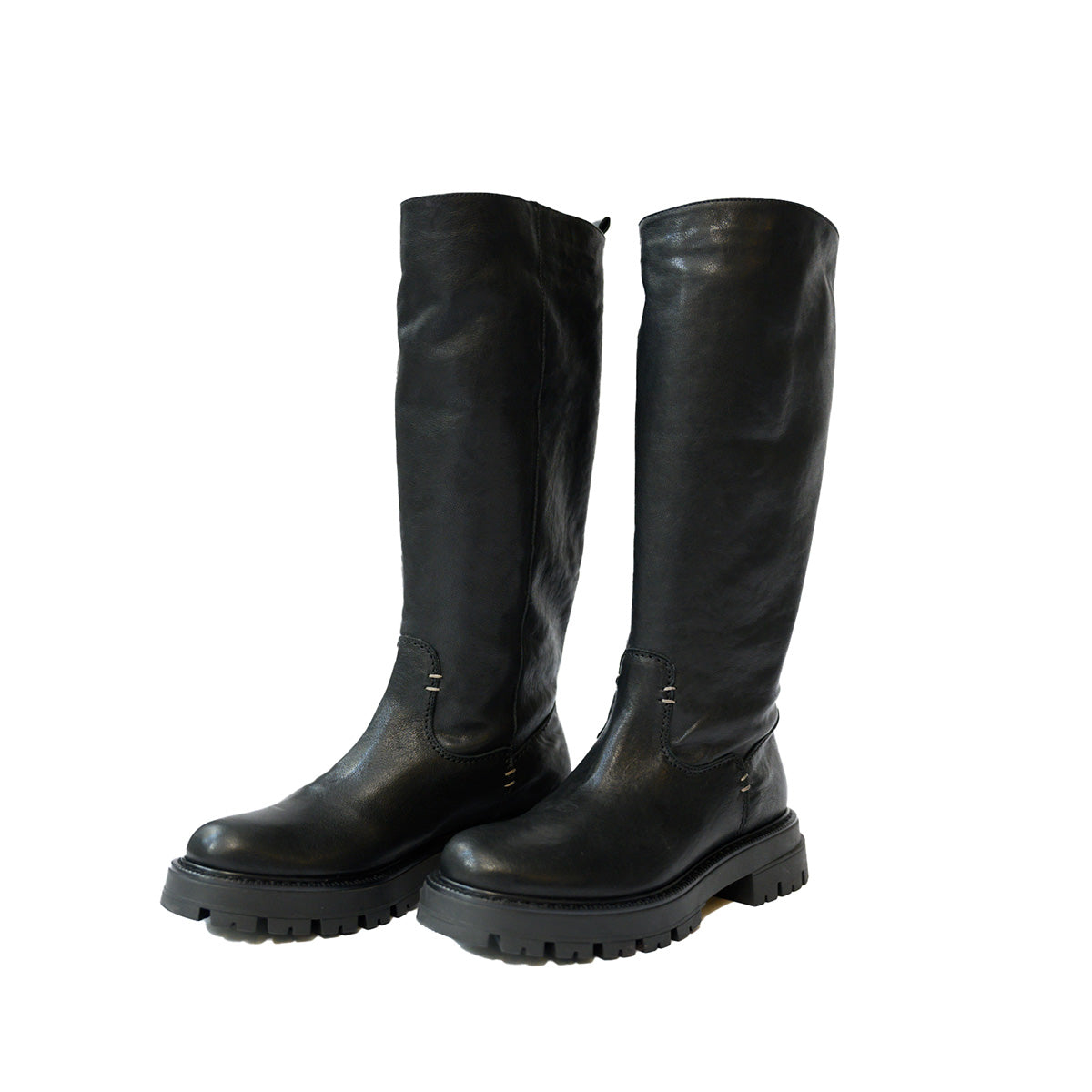 Emily Boot in Black tall leather boot with lug sole designed for a fit below the knee.