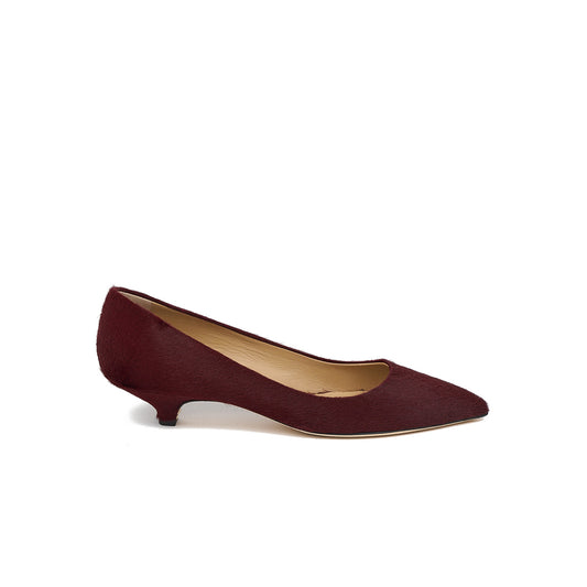Kitty Point Heel in Claret, classic kitten heel in pony hair with pointed toe, made in Tuscany.