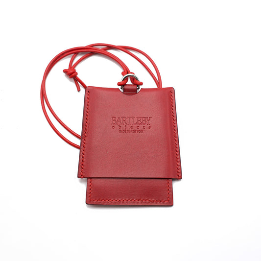 Handmade red card lanyard with 4 slots and 18" cord drop, crafted from Italian leather in NYC.
