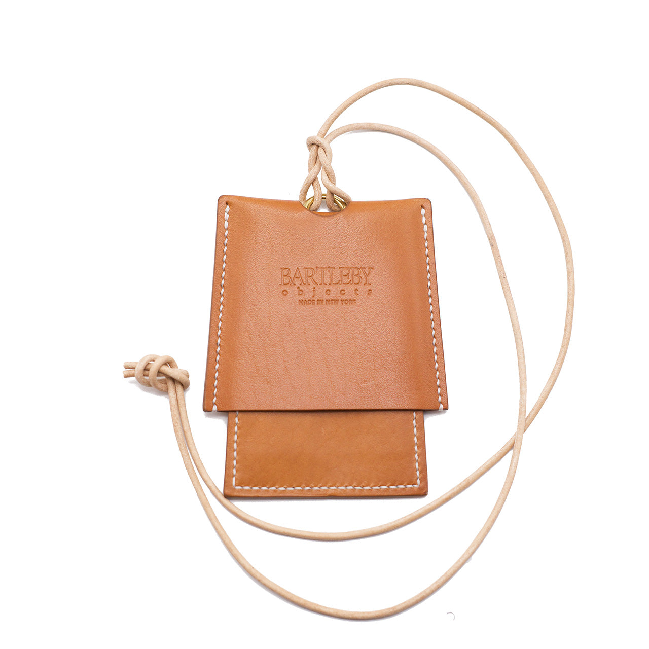 Handcrafted saddle leather card lanyard with 4 slots and adjustable cord, made in NYC by Bartleby Essentials.