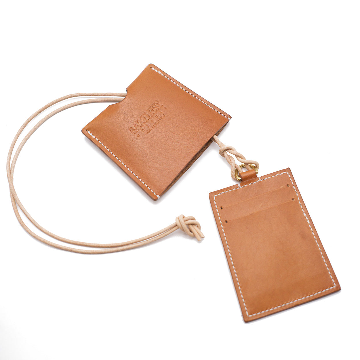 Handmade Italian leather card lanyard in saddle with 4 card slots, dimensions 4.5" x 3.75", cord drop 18".