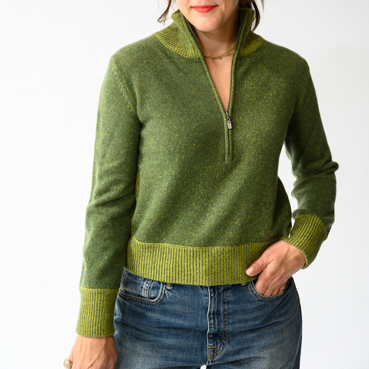Plaited Zip Mock Neck Sweater in Highland and Citrine