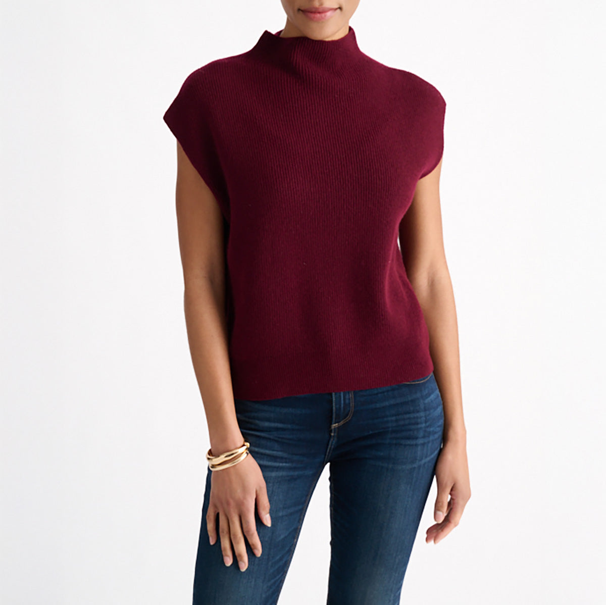 Sleeveless Rib Funnel Neck Top in Cordovan