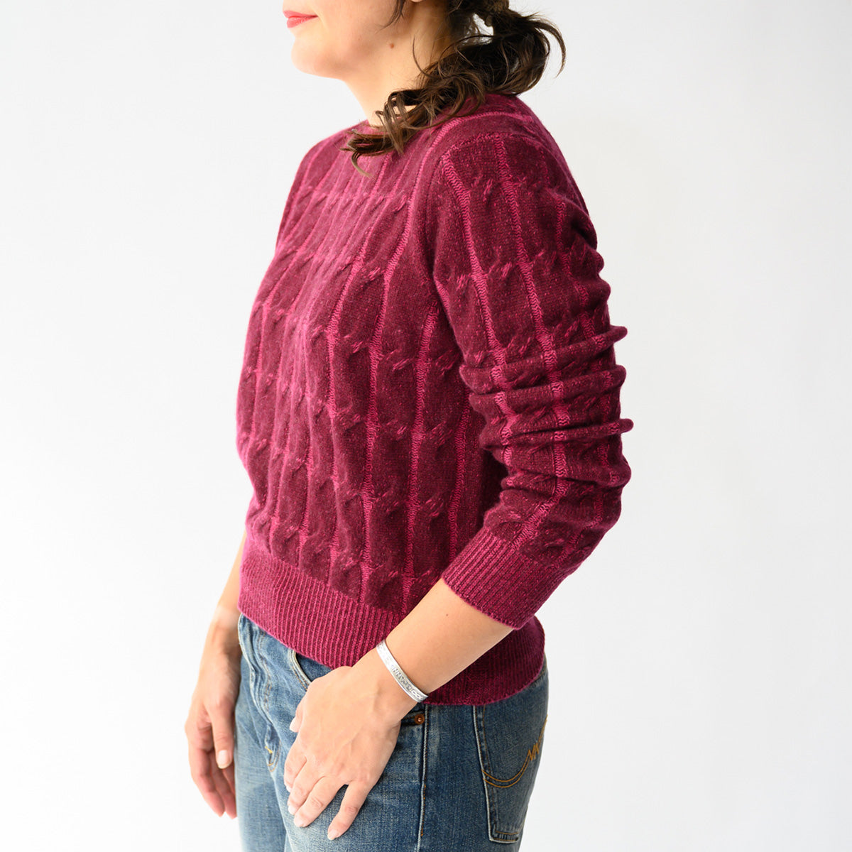 Plaited Cable Crew Sweater in Cordovan and Cranberry