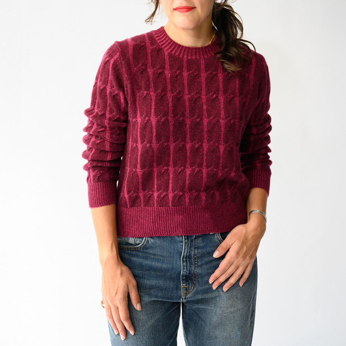 Plaited Cable Crew Sweater in Cordovan and Cranberry