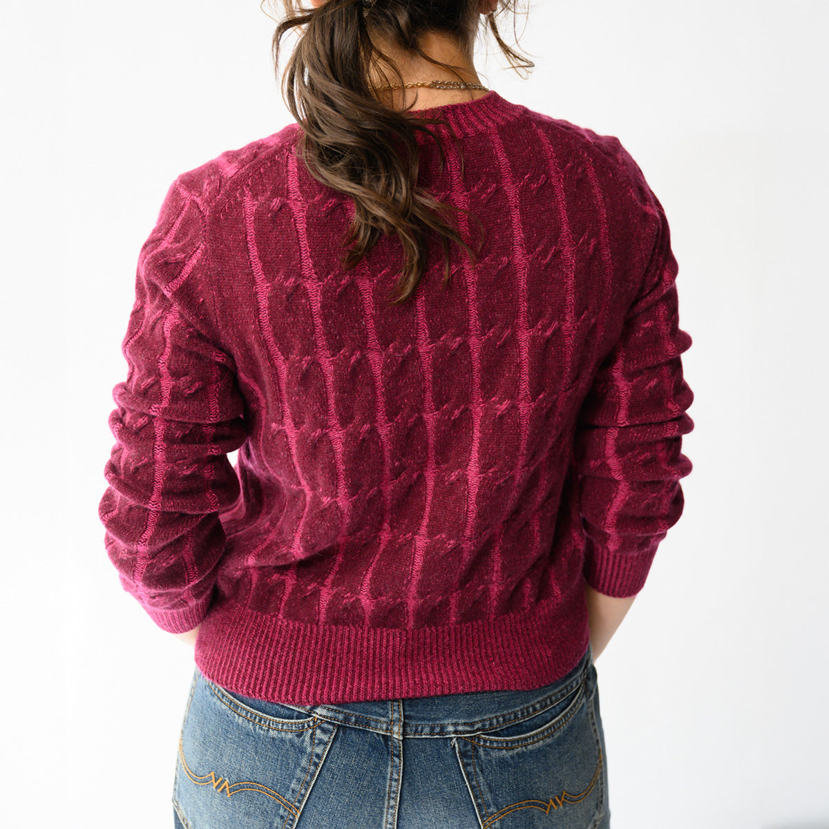 Plaited Cable Crew Sweater in Cordovan and Cranberry