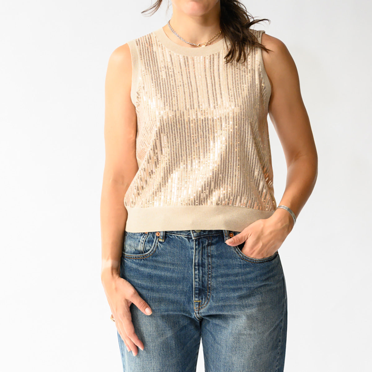 Sequin Party Tank in Sandstone worn with jeans, showcasing a classic fit and sleeveless design.