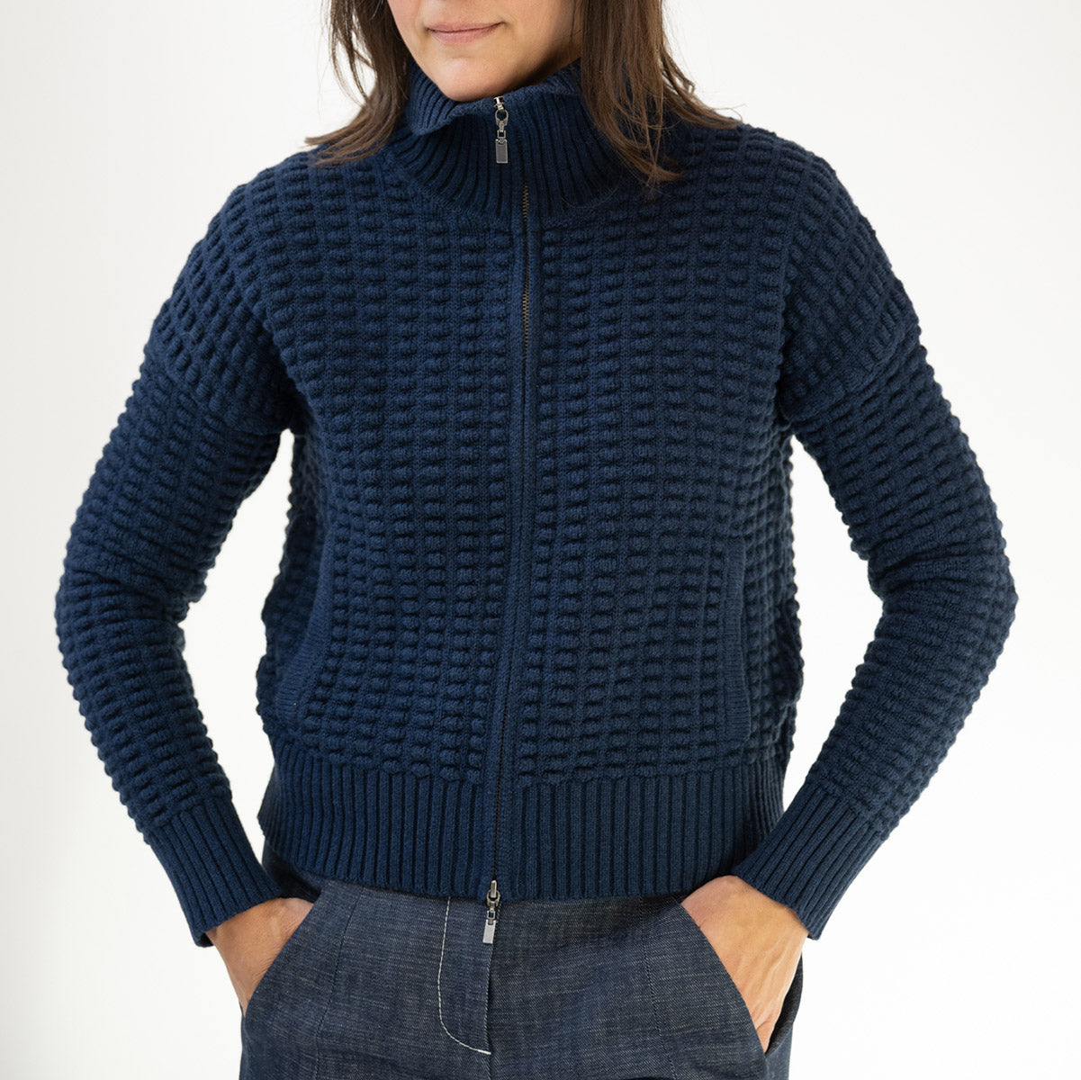 Bobble Zip Cardigan in Navy