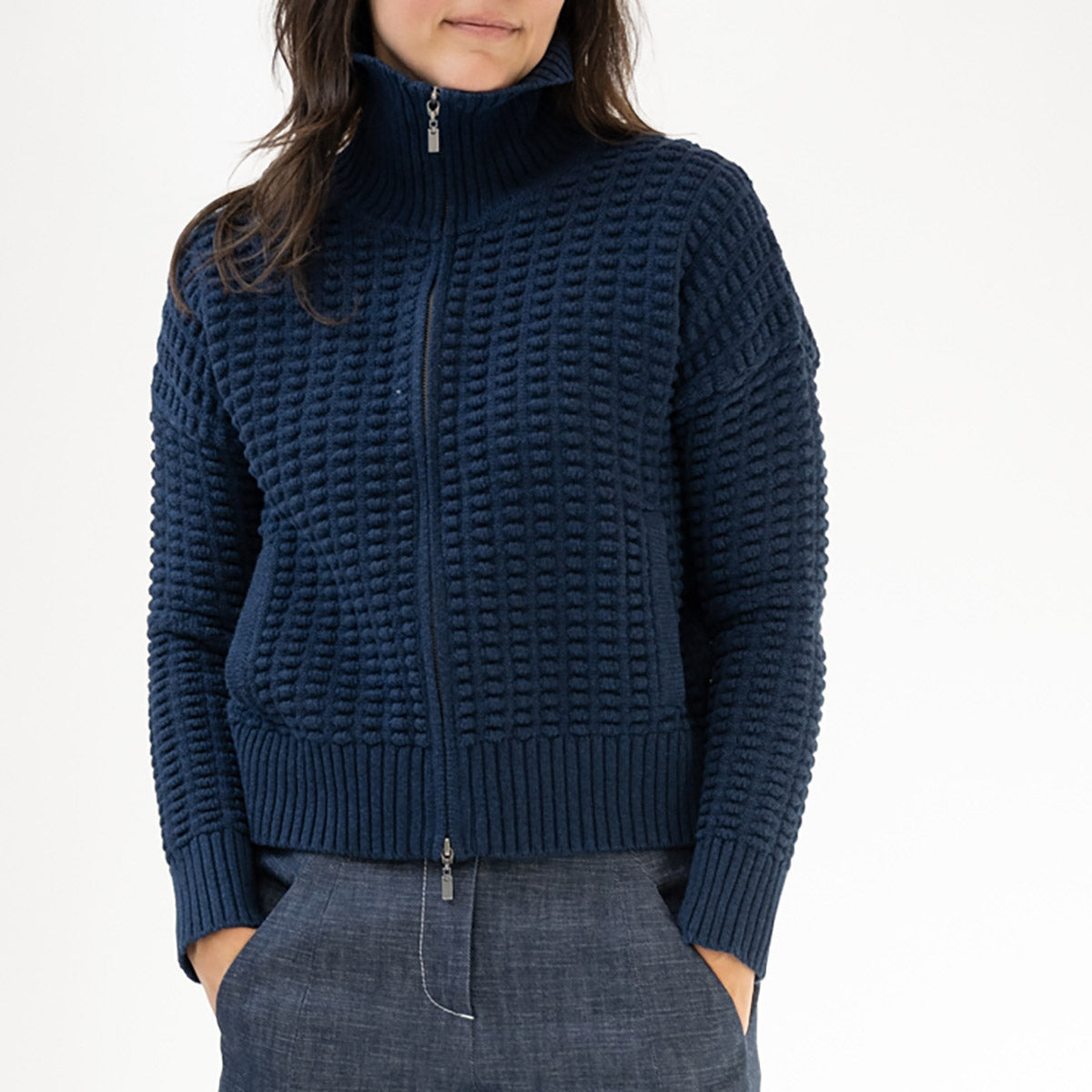 Bobble Zip Cardigan in Navy
