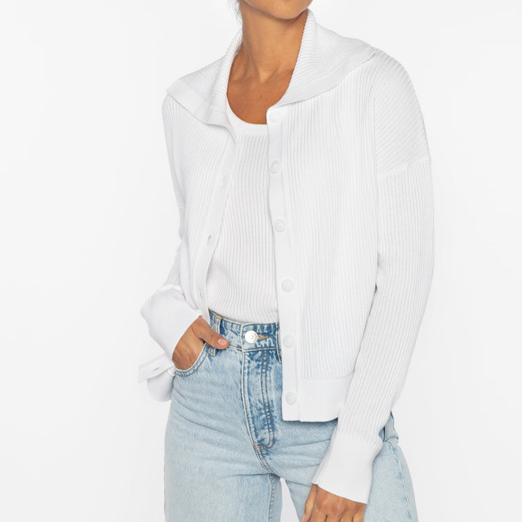 Ribbed Button Collar Cardigan in White