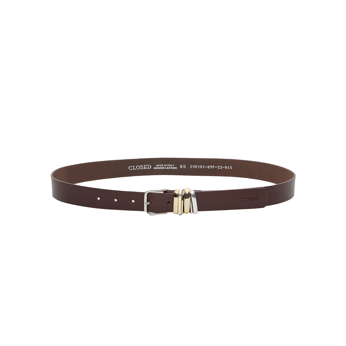 Leather Belt in Mahogany Brown, side view showcasing smooth finish and two-tone metal eyelets.