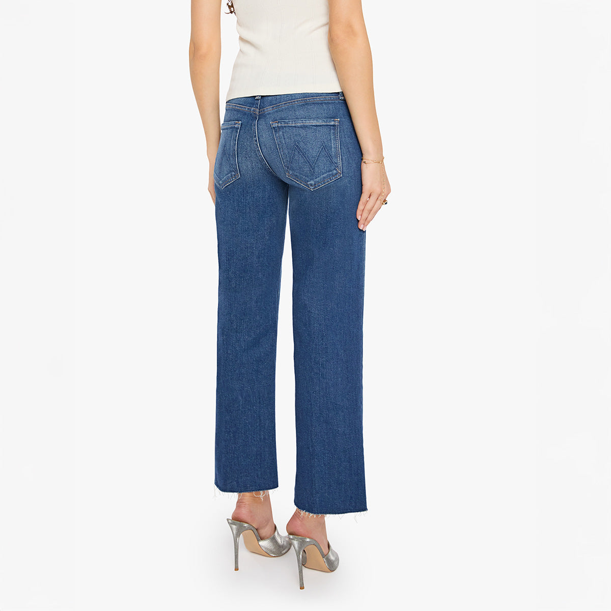 Model showcasing the back view of Mid-Rise Rambler in Delux Edition zip fly pants with wide straight leg.