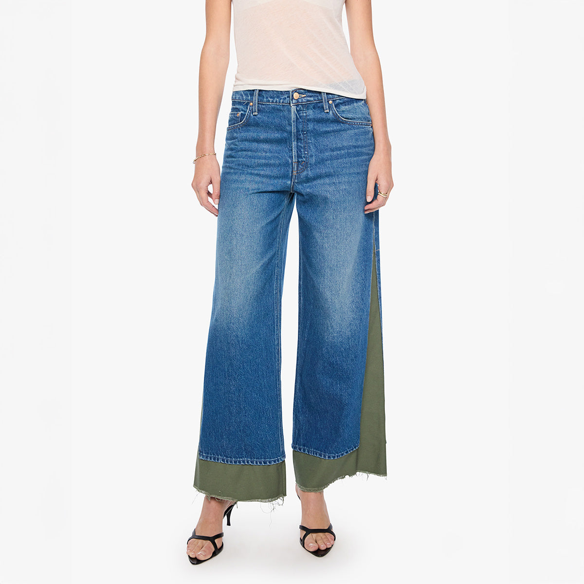 High-waisted Nacho Double Dip Nerdy Fray in Refill jeans with frayed hem, shown front view, featuring wide leg and inset panels.