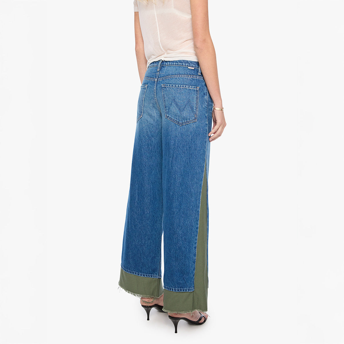 Back view of Nacho Double Dip Nerdy Fray in Refill, featuring frayed hem and wide leg with inset panels.