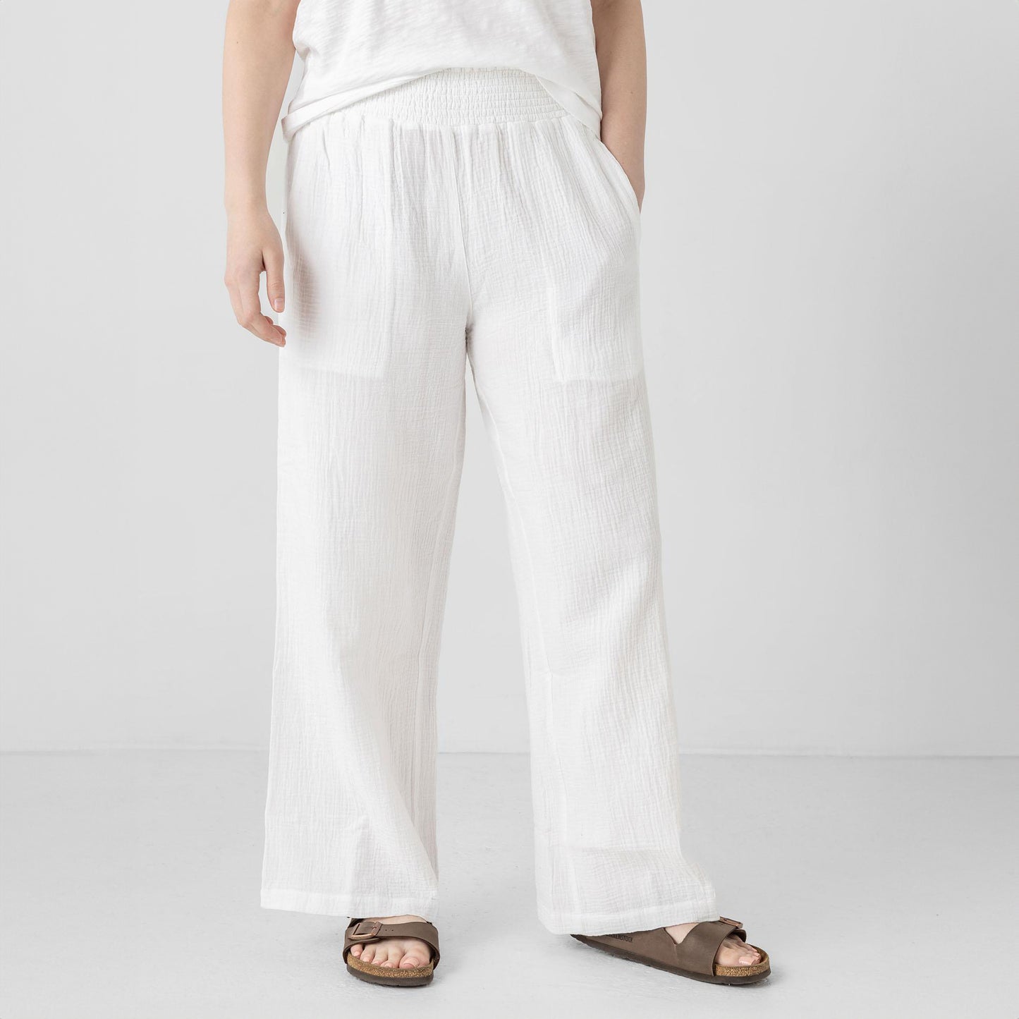 Smocked Double Gauze Pant in White