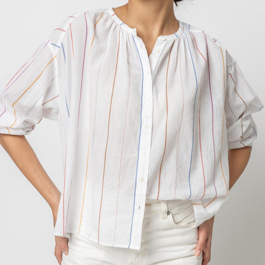 Shirred Blouse in Pointelle Stripe