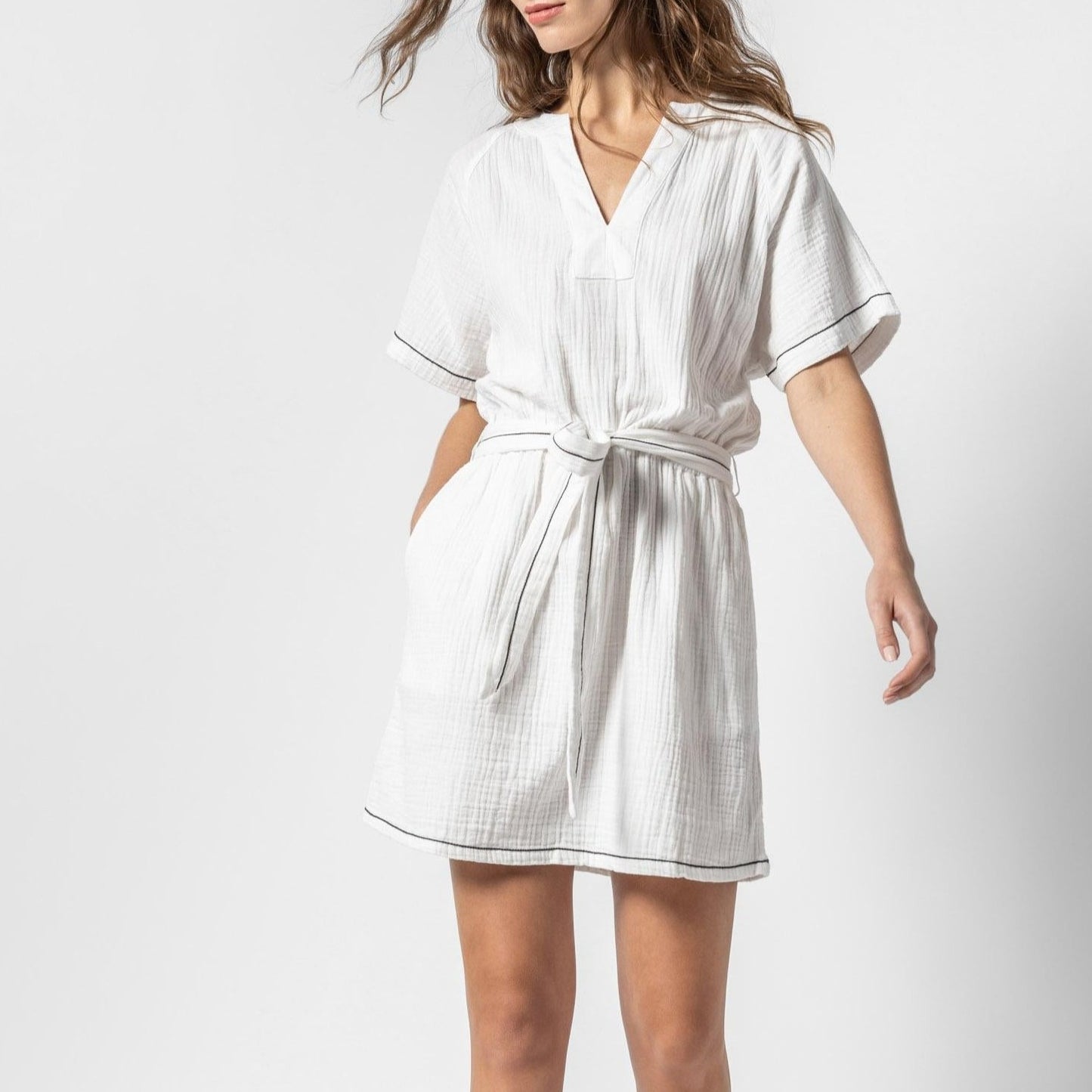 Belted Gauze Dress in White