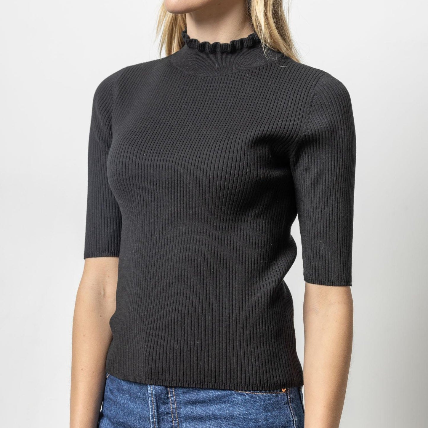 Ruffle Mock Neck Sweater in Black