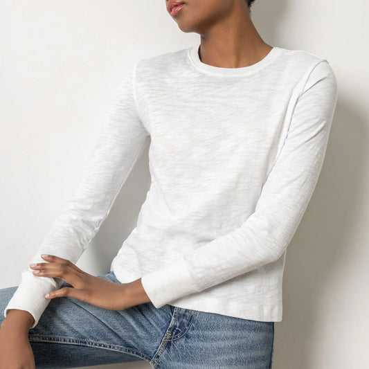 Long Sleeve Ribbed Cuff Crew in White