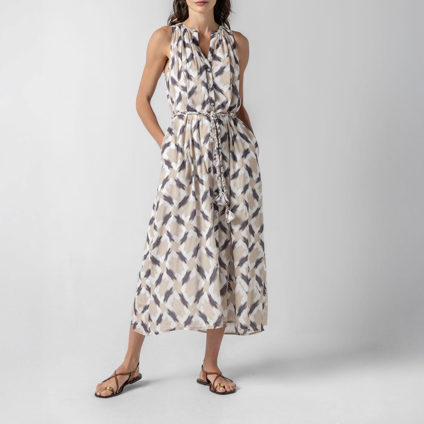 Belted Maxi Dress in Neutral Ikat