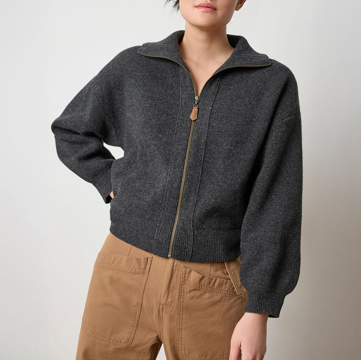 Zip Front Bomber Sweater in Graphite