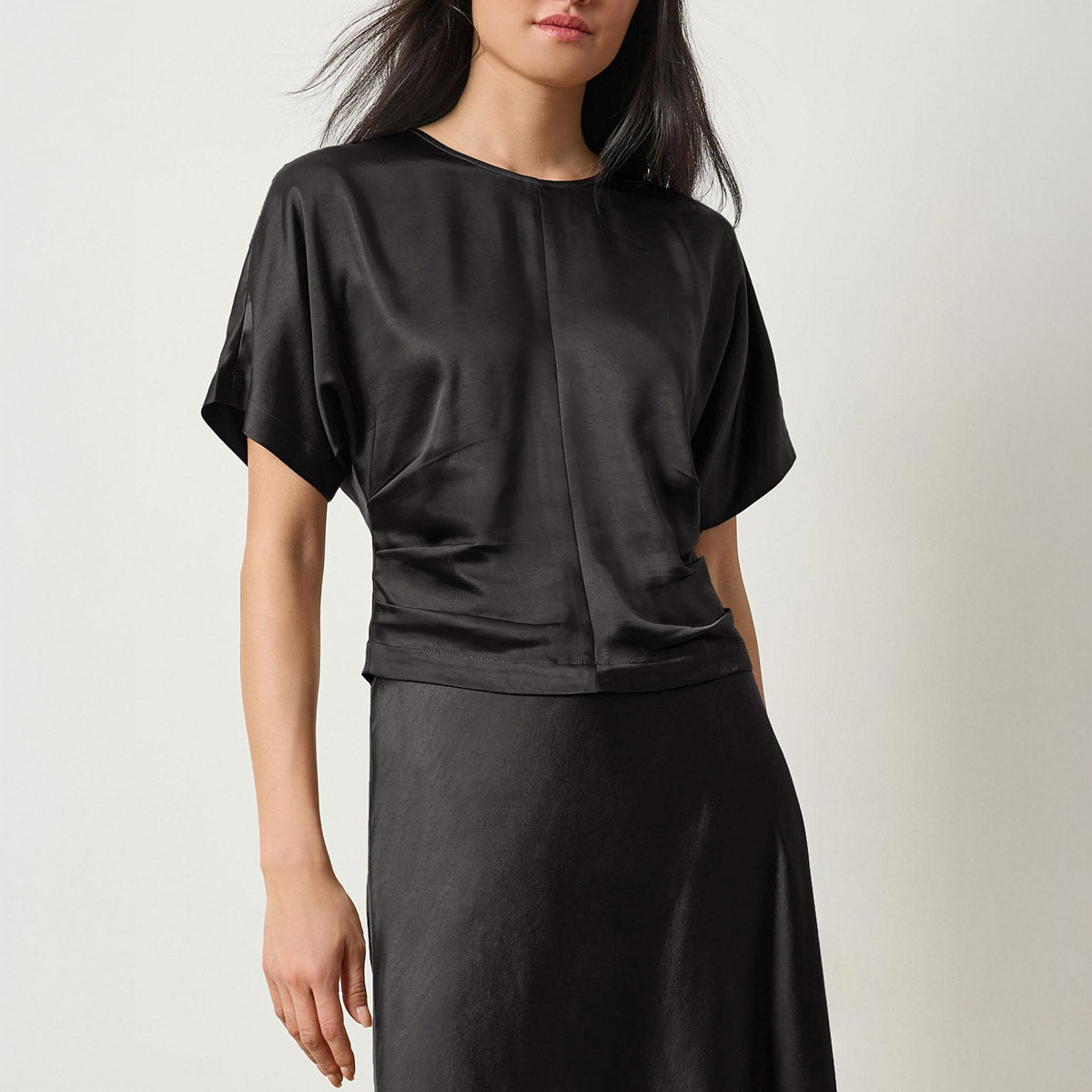 Satin Dolman Short Sleeve Top in Black