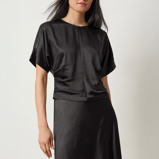 Satin Dolman Short Sleeve Top in Black