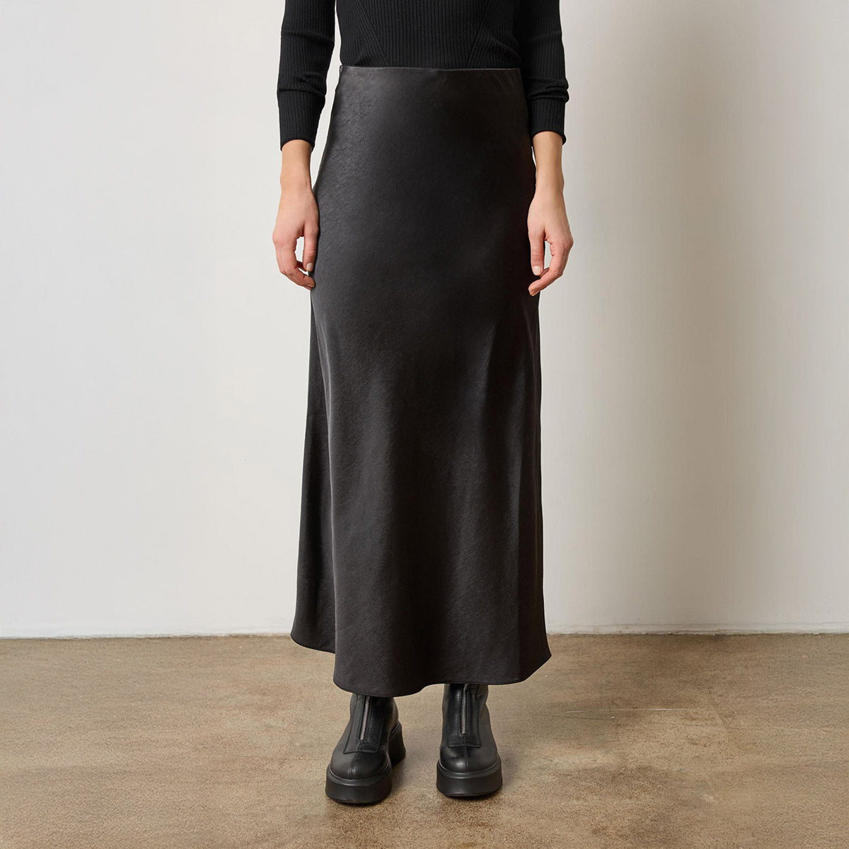 Satin Bias Maxi Skirt in Black