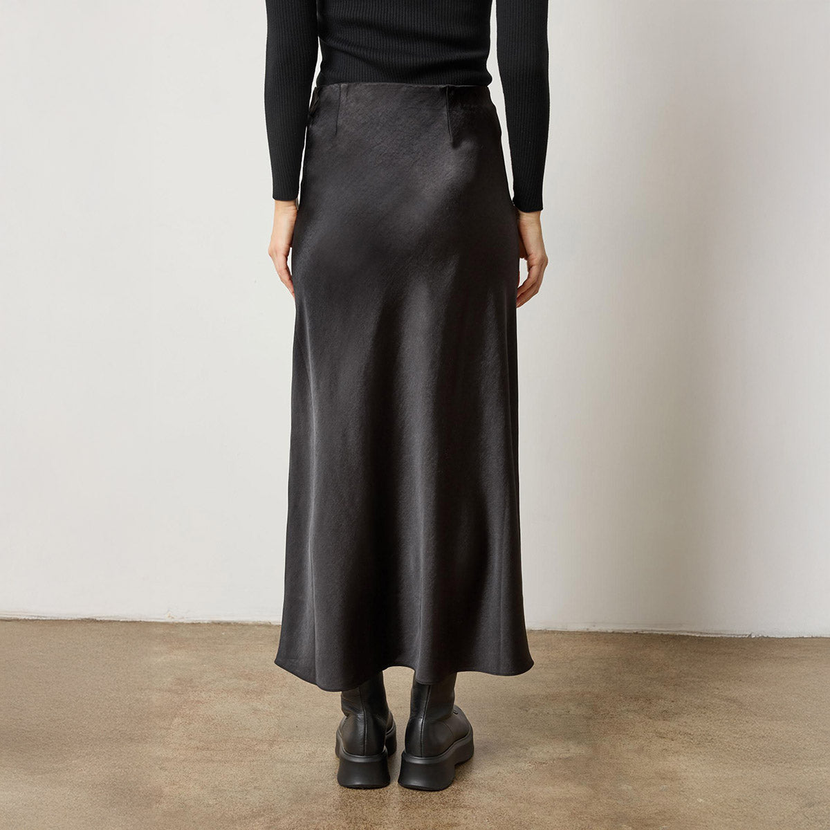 Satin Bias Maxi Skirt in Black