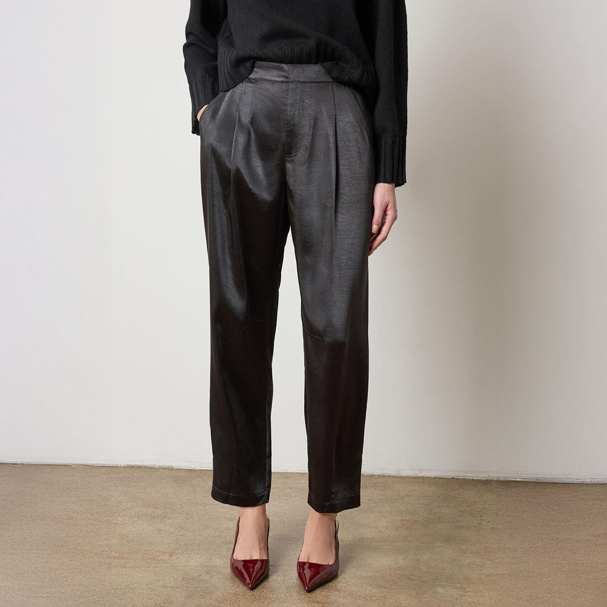 Satin Fly Front Pant in Black