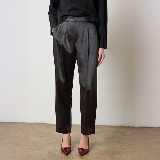 Satin Fly Front Pant in Black