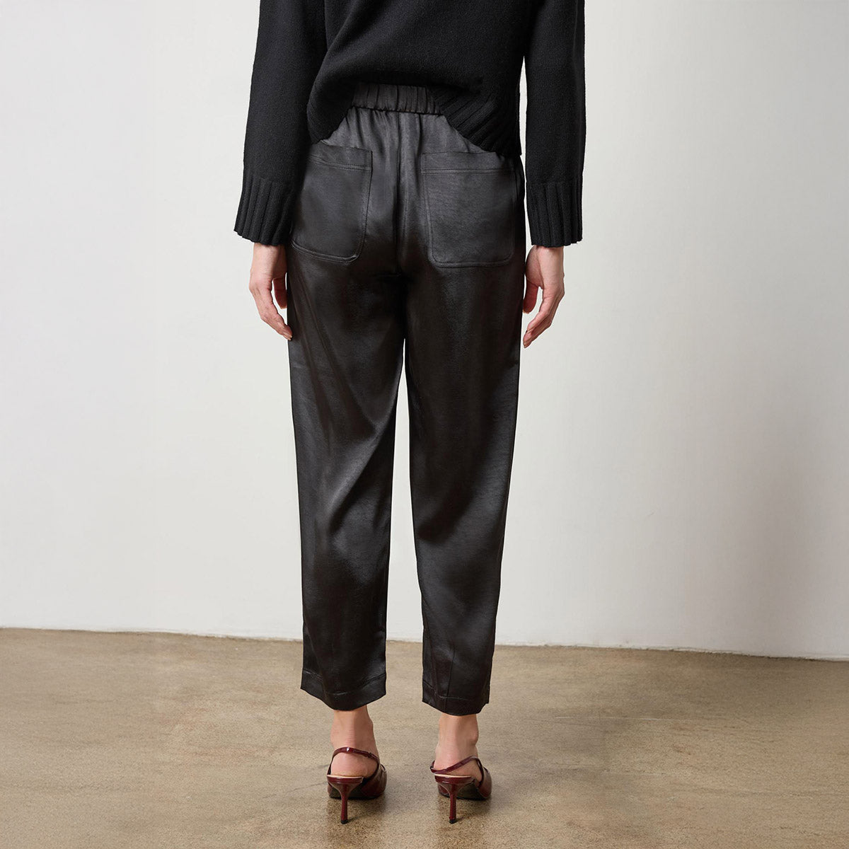 Satin Fly Front Pant in Black