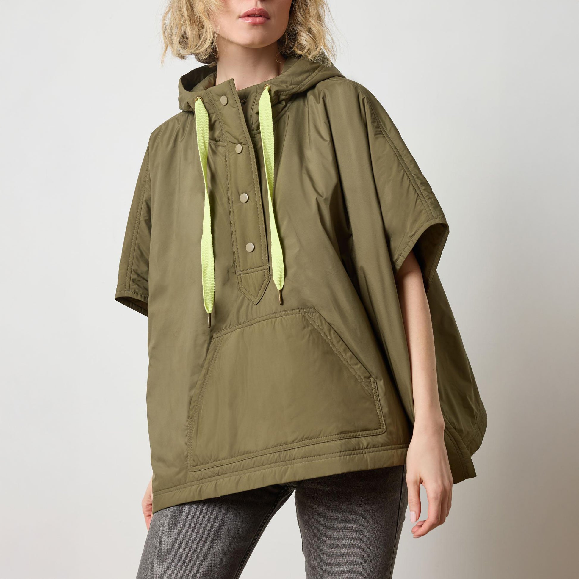 Hooded Nylon Poncho in Evergreen