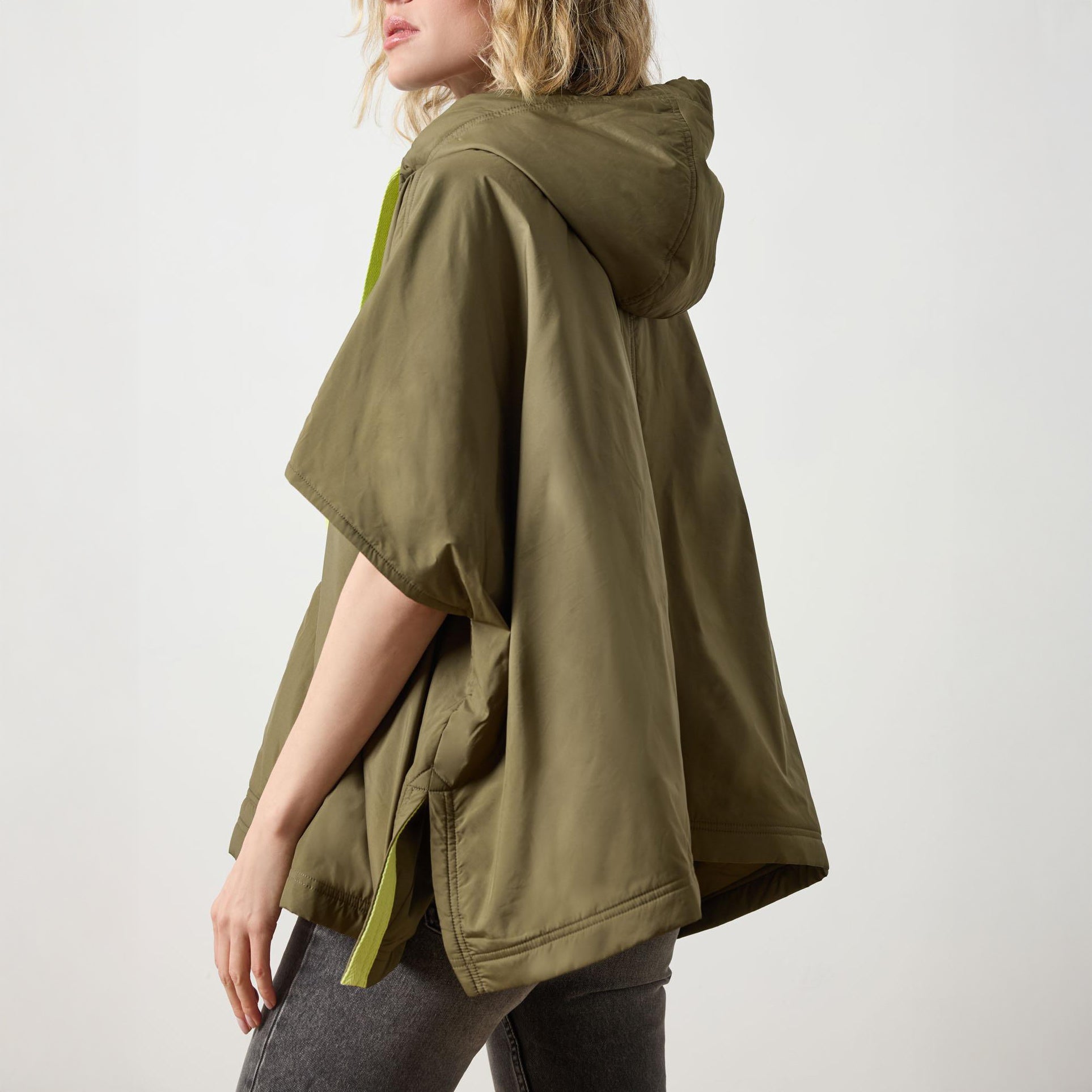 Hooded Nylon Poncho in Evergreen