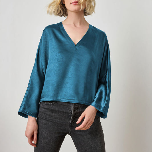 Satin V Neck Dolman in Neptune