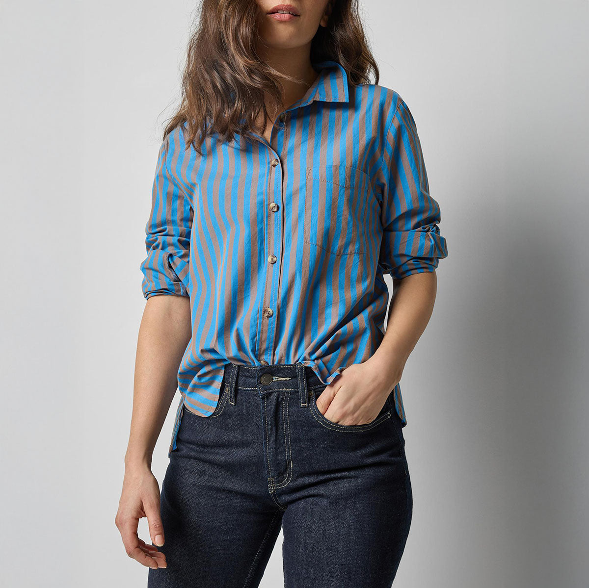 Button Down Shirt in Cocoa and Lapis Stripe