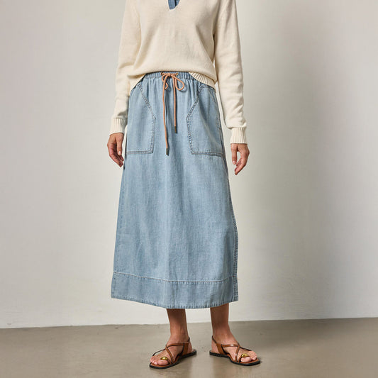 Denim Drawcord Skirt in Blue Wash