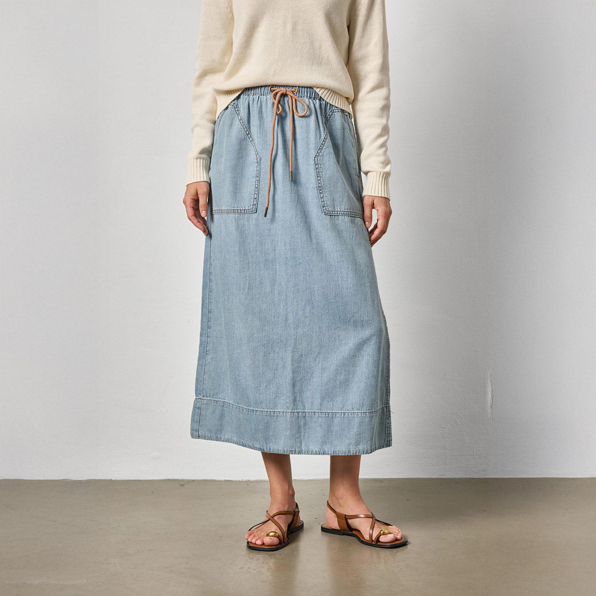 Denim Drawcord Skirt in Blue Wash