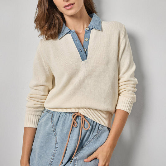 Denim Collar Polo Sweater in Off White